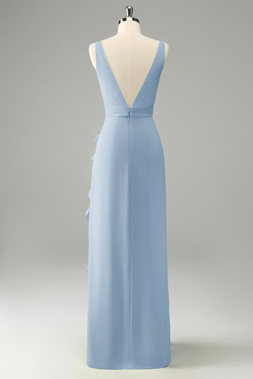 Zakurzony Błękit Dekolt V Sukienka Na Wesele Z Rozcięciem Z Falbanami